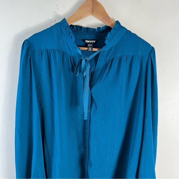 DKNY - Women's Blouse Teal NWOT Long Sleeve Flowy Top Lightweight Ruffle Large - Picture 8 of 11